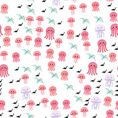 Cute cartoon jellyfish and dinosaurs seamless pattern © yunanda