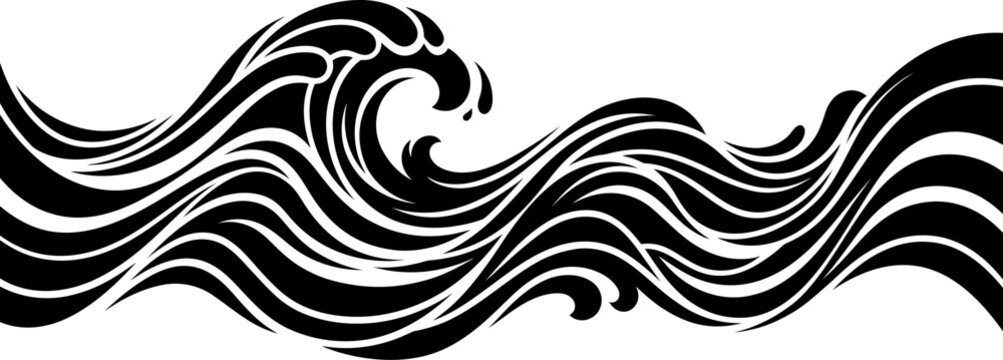 Stylized ocean sea wave vector illustration featuring dynamic flowing water curls, tide lines, and tribal surf wave abstract pattern for marine design.
