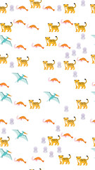 Seamless pattern of cartoon leopards, pterodactyls, shrimps © yunanda