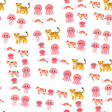 Seamless pattern of cartoon animals: leopards, cows, jellyfish