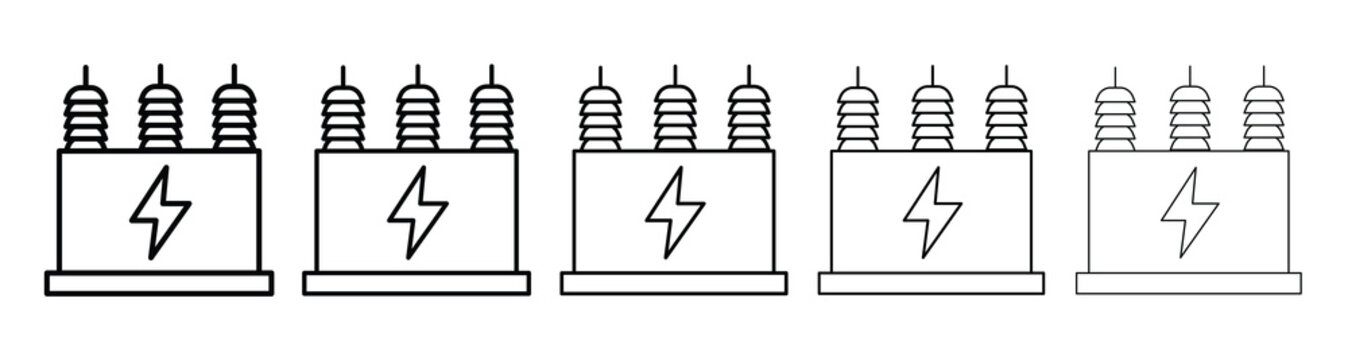 Set of line art power transformer icons featuring a high voltage lightning bolt symbol design.