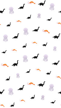 Seamless pattern of cartoon dinosaurs, jellyfish, and shrimp