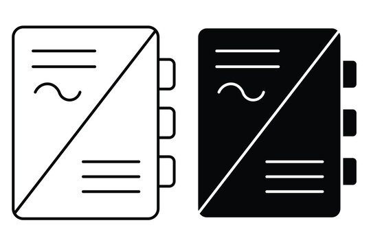 Set of two minimalist line art and solid glyph icons featuring a notebook binder with index tabs.