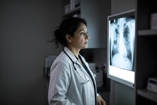 Doctor examining chest x-ray for signs of pneumonia in hospital
