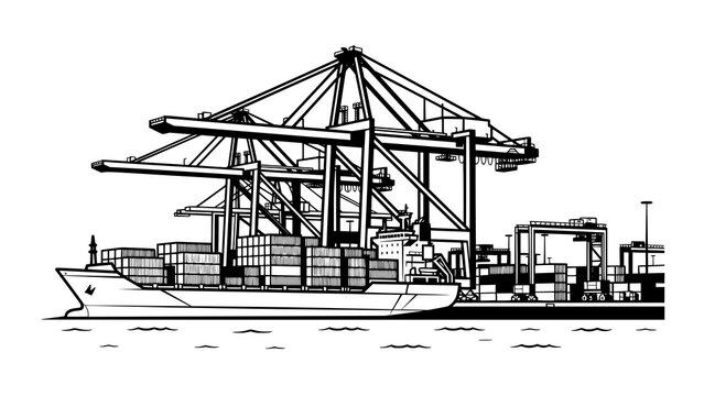 Industrial scene of a large container cargo ship docked at a busy harbor terminal with supply chain