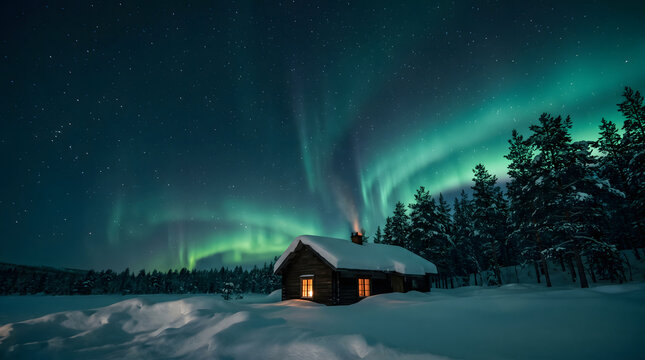 Snowy wooden cabin with glowing windows under the northern lights