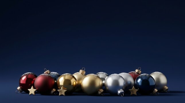 Shimmering gold, silver, and ruby spheres rest upon a deep blue surface, representing a festive holiday concept