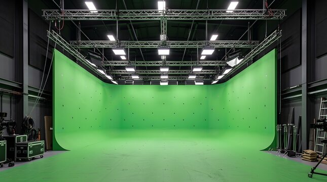 Modern empty green screen studio cyclorama equipped with overhead lighting grid for professional video production and visual effects