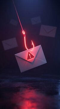 Envelope with exclamation mark hanging on a glowing red fishing hook in a dark digital space mail message