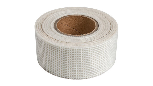 Roll of white mesh fiberglass adhesive joint tape isolated on transparent background