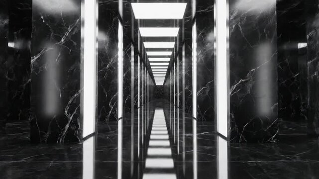 The Image Is A Black And White Photograph Of A Long Narrow Corridor With A