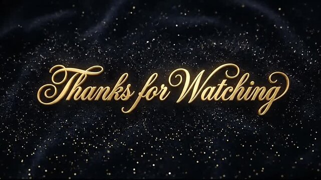 Golden cursive thanks for watching text on dark sparkling background