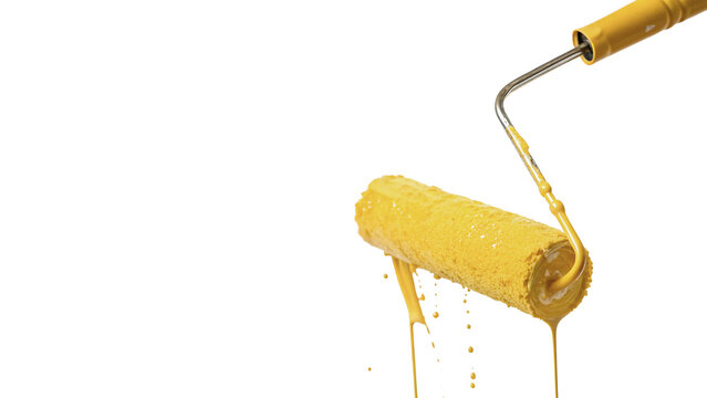 Classic paint roller tool with bright yellow foam head isolated on transparent background