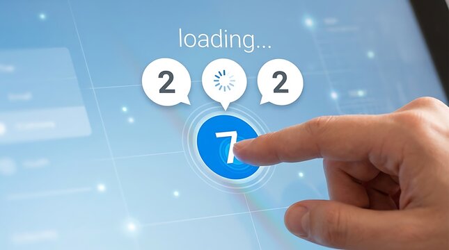 Digital loading screen concept with hand touching touchscreen, user interface notification icons displaying numbers, blue modern tech display