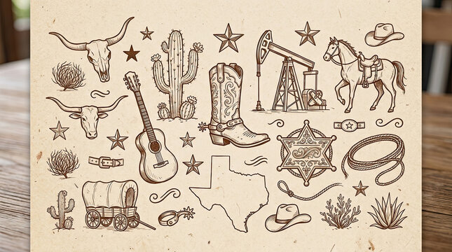 Vector drawn art of wild west icons and texas elements with texas theme