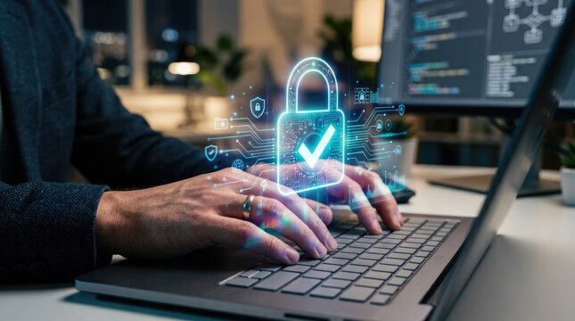Cybersecurity expert typing on laptop with digital padlock icon hologram authentication system