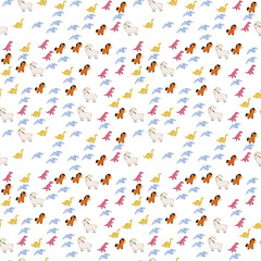 Cartoon Dinosaurs, Horses, Goats, and Pterodactyls Pattern © sutinah
