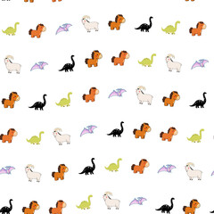 Cartoon Dinosaurs, Horses, Goats, and Pterodactyls Pattern © sutinah