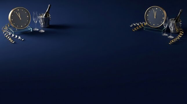 Elegant champagne and clocks sit upon books, scattered with streamers on a dark blue backdrop, celebration concept