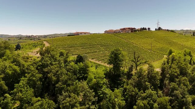 Aerial View of Rolling Vineyard Hills and Farmstead in Piedmont Italy