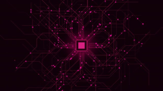 Abstract futuristic neon pink circuit board animation with glowing central processor and data packets flowing smoothly