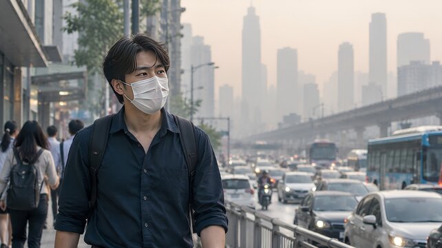 Masked Asian Commuter Walking Through a Smoggy Urban Street