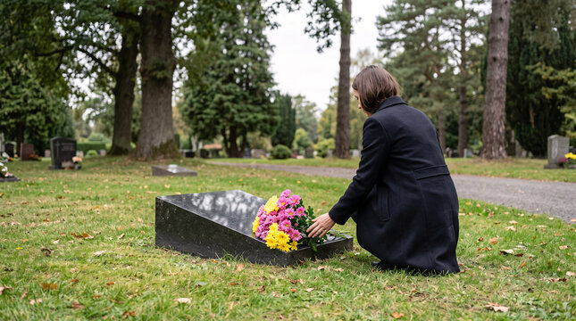 Personne agenouill&eacute;e d&eacute;posant des fleurs devant une tombe