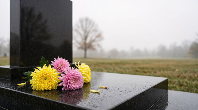 Bouquet de chrysanth&egrave;mes jaunes et roses sur une tombe noire