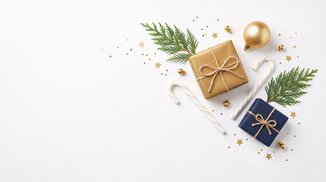 Cadeaux de No&euml;l, branches de sapin et d&eacute;corations sur fond clair