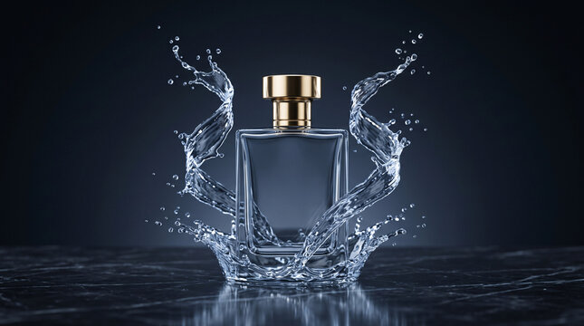 Flacon de parfum transparent entour&eacute; d&rsquo;une &eacute;claboussure d&rsquo;eau