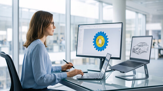 Designer 3D mod&eacute;lisant un objet m&eacute;canique sur ordinateur au bureau