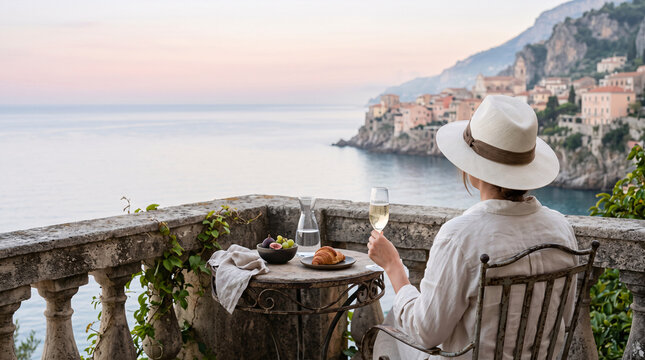 Femme admirant la mer depuis une terrasse au-dessus de la c&ocirc;te