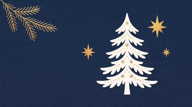 Illustration de sapin de No&euml;l blanc et &eacute;toiles dor&eacute;es sur fond bleu nuit