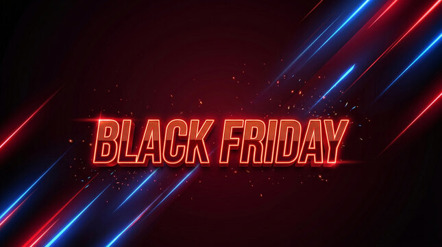 Affiche Black Friday n&eacute;on rouge avec tra&icirc;n&eacute;es bleues futuristes