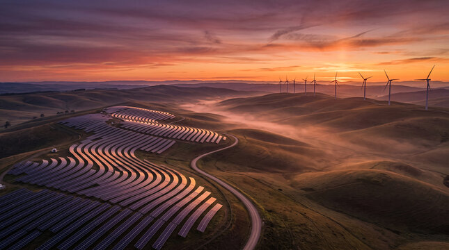 Vue a&eacute;rienne de panneaux solaires et d&rsquo;&eacute;oliennes au coucher du soleil