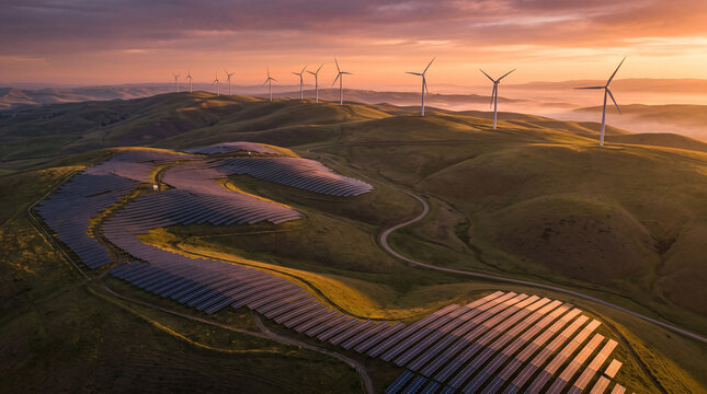 Vue a&eacute;rienne de panneaux solaires et d&rsquo;&eacute;oliennes au coucher du soleil