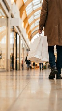 Person walking through shopping mall corridor carrying white shopping bags past retail display windows