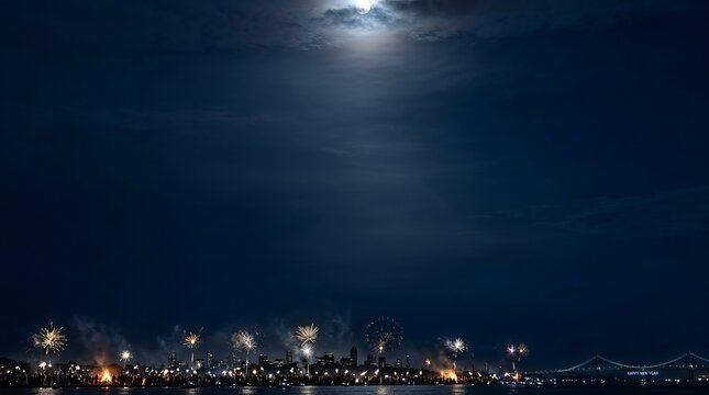 Dramatic city skyline illuminated by vibrant fireworks display under a full moon, representing celebration and urban nightlife