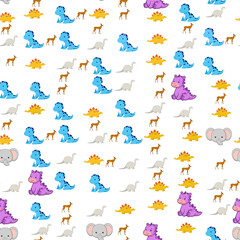 Cartoon dinosaurs and animals seamless pattern © samjo