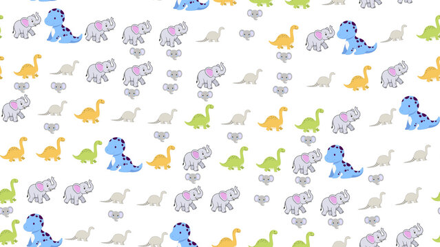 Children's seamless pattern with elephants and dinosaurs
