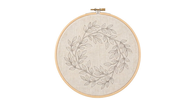 Handmade embroidery hoop with botanical floral leaf wreath pattern, natural linen canvas, needlework craft art piece isolated PNG with Transparent Background