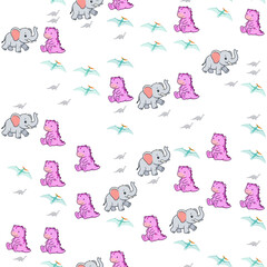 Cute cartoon elephants, dinosaurs, and pterodactyls pattern © kukisa
