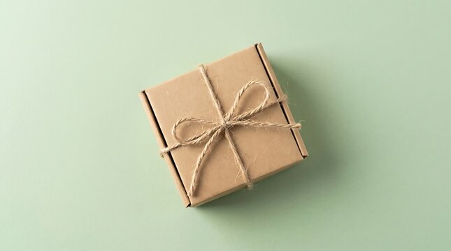 Top view of a plain brown paper box with natural twine, copy space