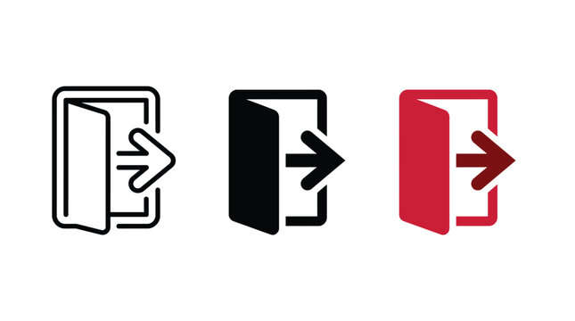 Set of exit icons with door and arrow symbol, including outline, solid, and colored styles, representing emergency exit, logout, and entrance concepts