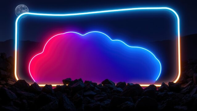 Neon rectangle frames pink cloud. Dark rocky ground, distant hills, small moon visible. Dramatic lighting creates vibrant scene.
