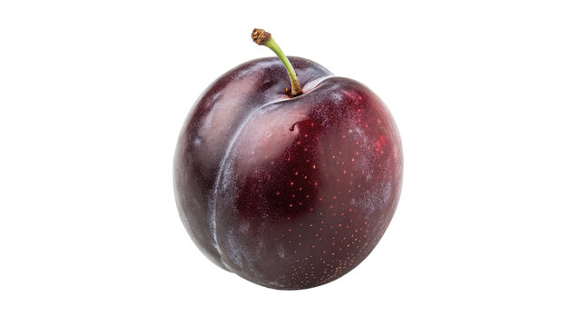 Single fresh ripe whole purple plum fruit with stem isolated on transparent background