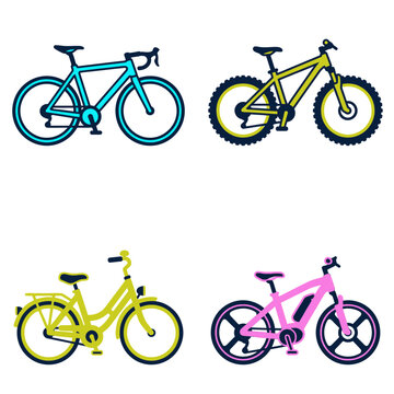 Set of four different bicycle types in flat vector style.