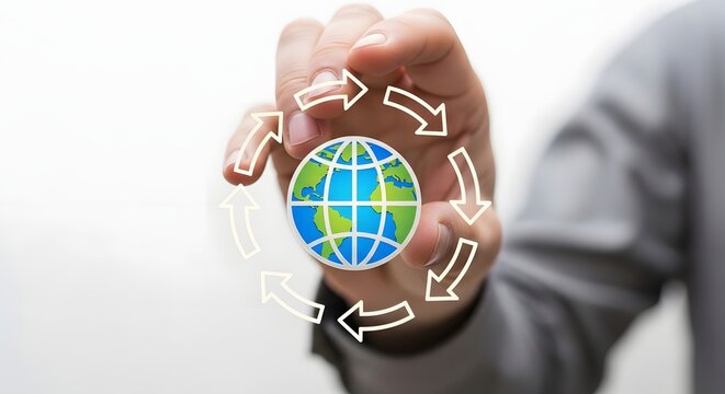 Businessman holding globe with circular arrows representing environmental sustainability and circular economy concept