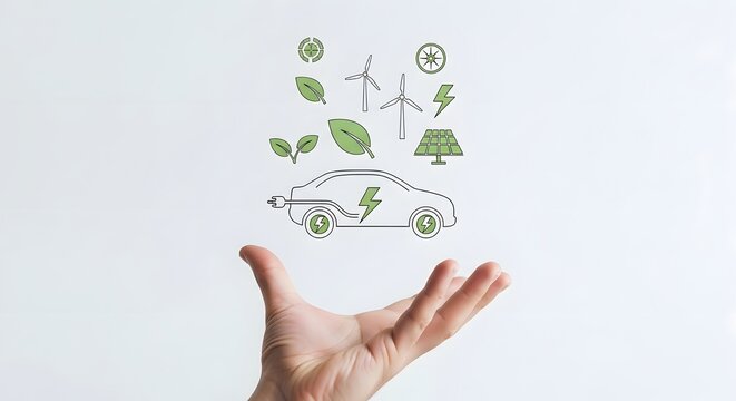Hand presenting eco-friendly transportation concepts with electric vehicle and renewable energy icons like solar panels and wind turbines
