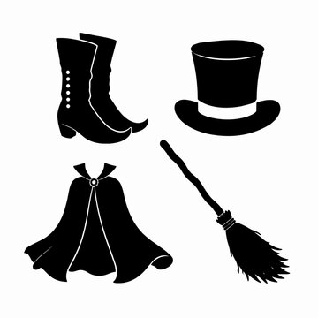 Gothic witch and magician costume silhouette set with top hat, boots, cape, and broomstick, Halloween wizard dress up black and white vector illustration isolated on white background